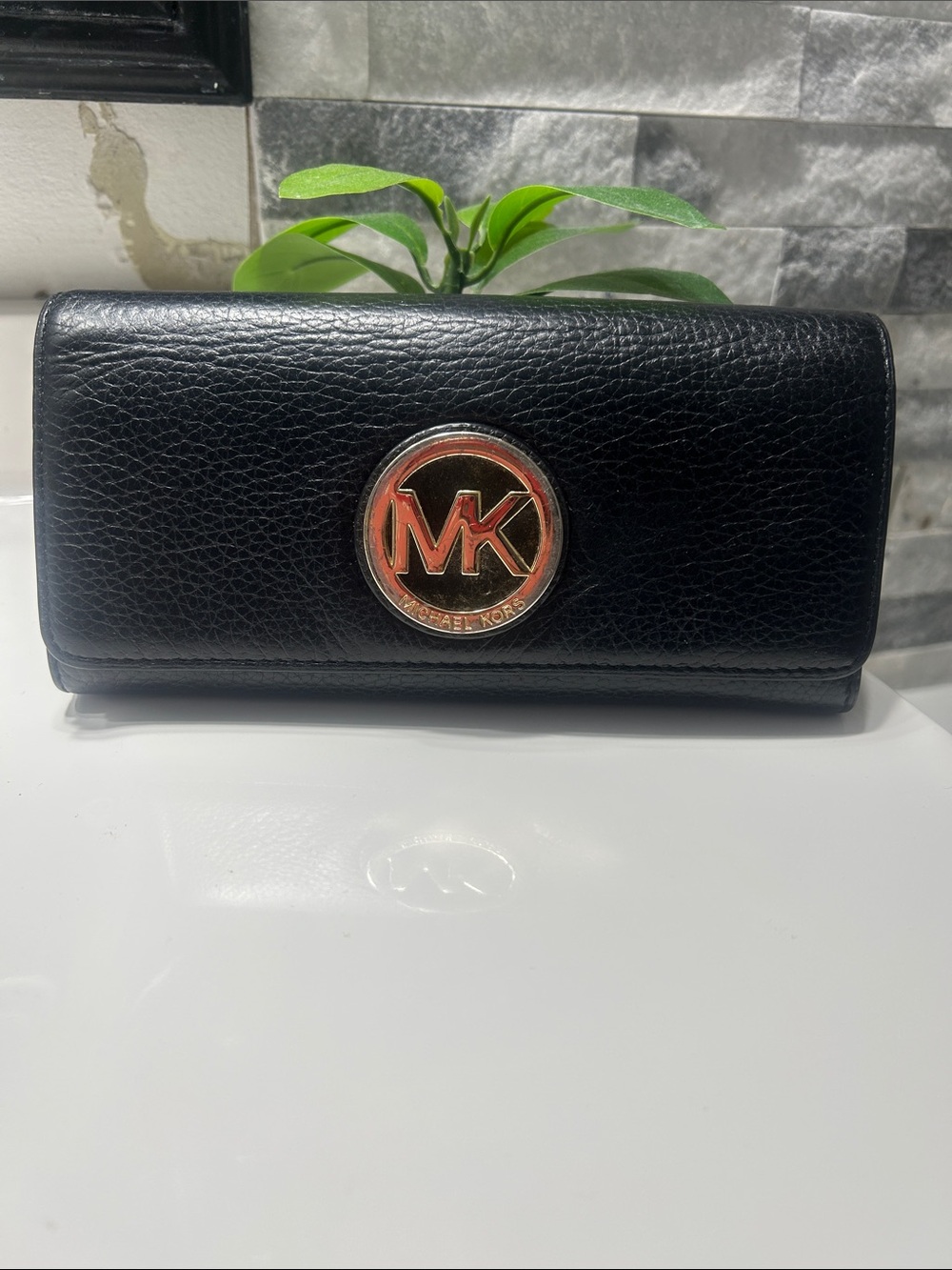 Michael Kors Black Leather Wallet with Gold MK Logo
